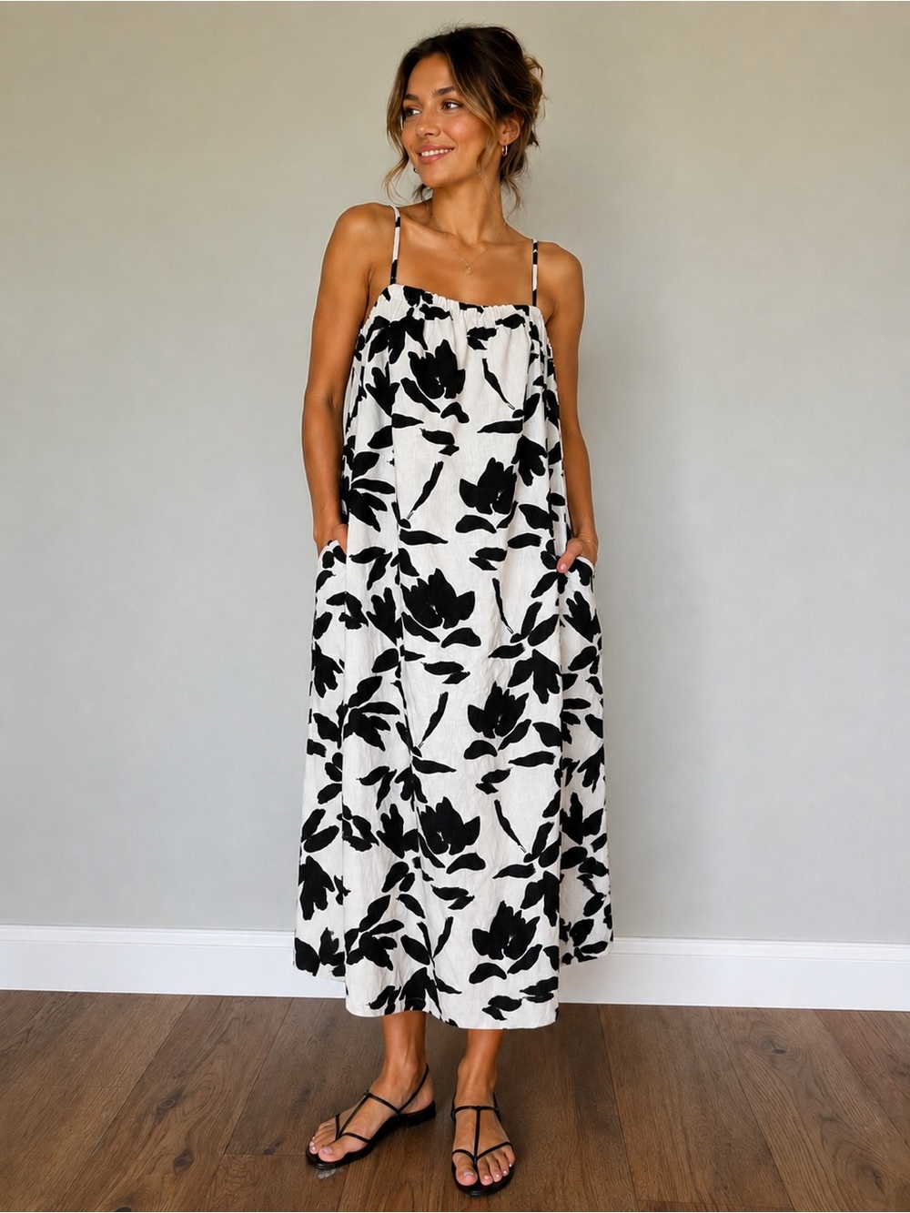 a new day White Black Floral Linen Blend Midi Dress Size XXL